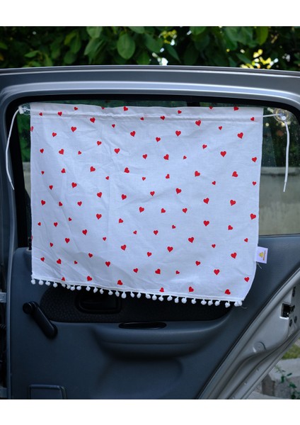 Araba Perdesi -Kalp Desenli Ponponlu Perde
