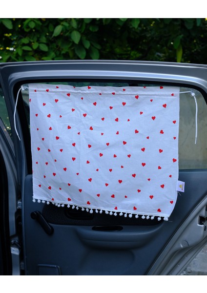 Araba Perdesi -Kalp Desenli Ponponlu Perde fiyatları