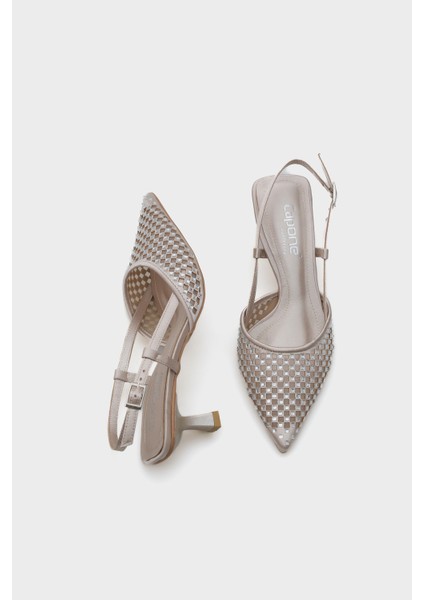 Olga Saten Taşlı Orta Topuklu Sivri Burunlu Arkası Açık Kadın Ayakkabı