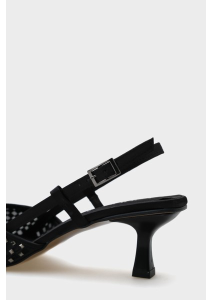 Olga Saten Taşlı Orta Topuklu Sivri Burunlu Arkası Açık Kadın Ayakkabı