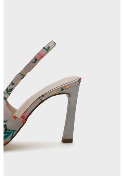 Arkası Açık Sivri Burunlu Yüksek Topuklu Çiçek Desenli Kadın Ayakkabı