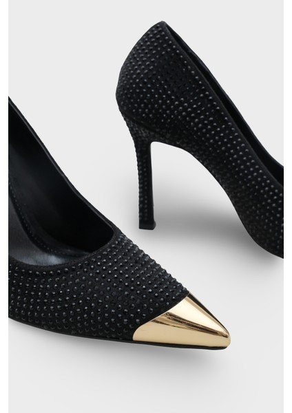 Olivia Taşlı Sivri Metal Burunlu Orta Topuklu Saten Abiye Stiletto