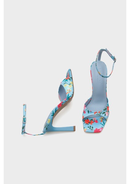 Arkası Açık Küt Burunlu Yüksek Topuklu Çiçek Desenli Kadın Ayakkabı