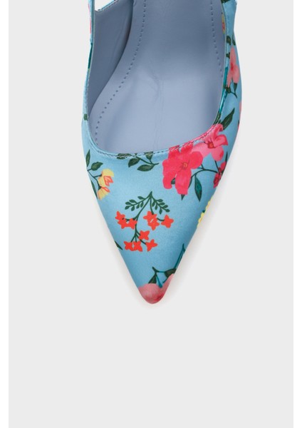 Arkası Açık Sivri Burunlu Yüksek Topuklu Çiçek Desenli Kadın Ayakkabı