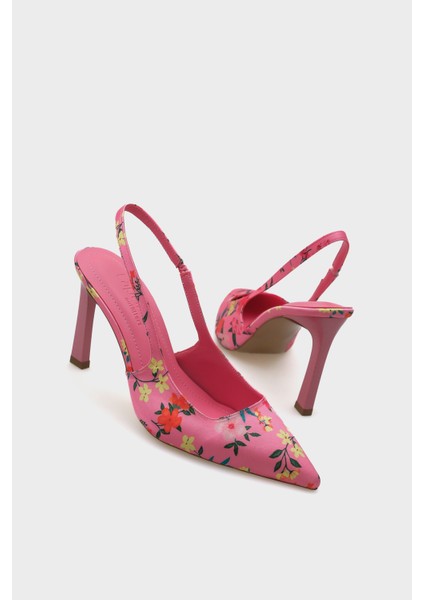 Arkası Açık Sivri Burunlu Yüksek Topuklu Çiçek Desenli Kadın Ayakkabı
