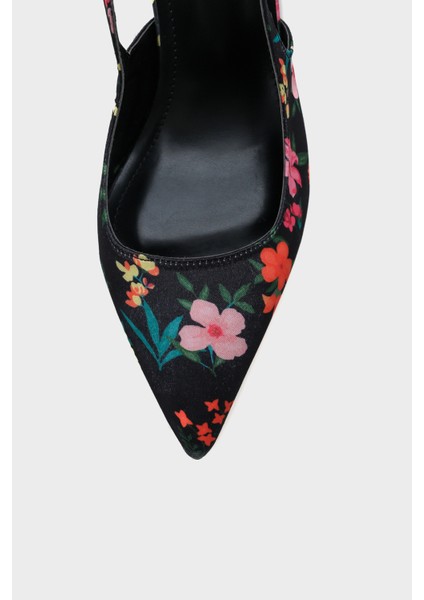 Arkası Açık Sivri Burunlu Yüksek Topuklu Çiçek Desenli Kadın Ayakkabı