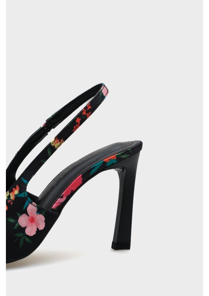 Arkası Açık Sivri Burunlu Yüksek Topuklu Çiçek Desenli Kadın Ayakkabı
