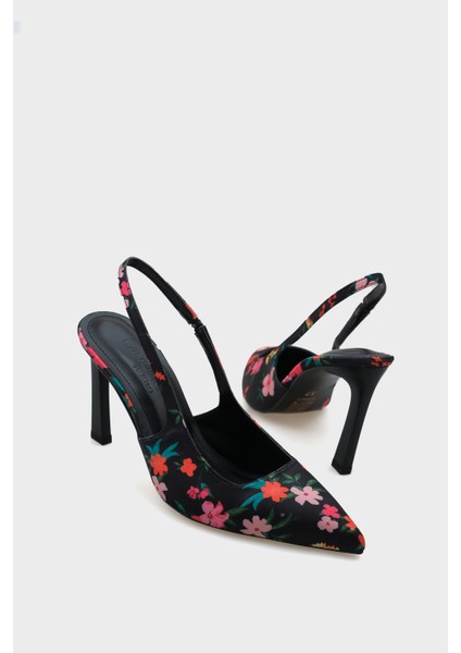 Arkası Açık Sivri Burunlu Yüksek Topuklu Çiçek Desenli Kadın Ayakkabı