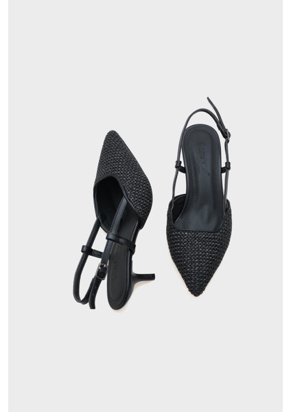 Ange Hasır Sivri Burunlu Orta Topuklu Arkası Bantlı Kadın Ayakkabı