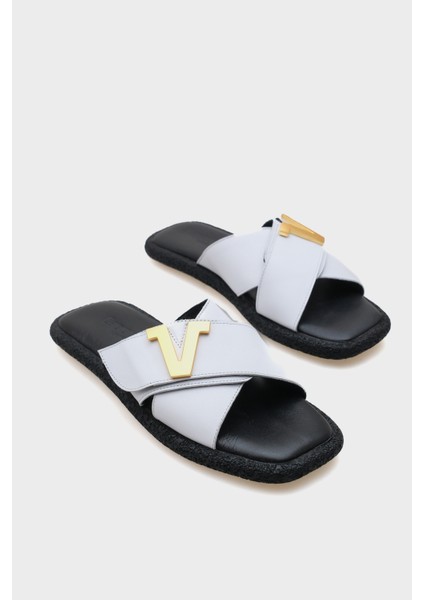 Kata Hakiki Deri Çapraz Bantlı V Tokalı Düz Topuklu Konfor Kadın Terlik modelleri