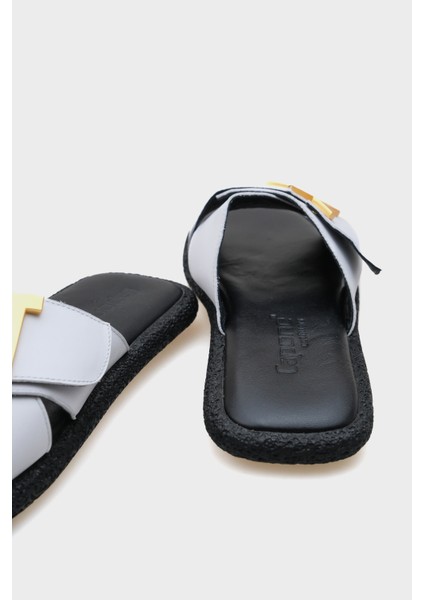 Kata Hakiki Deri Çapraz Bantlı V Tokalı Düz Topuklu Konfor Kadın Terlik