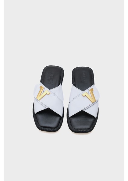 Kata Hakiki Deri Çapraz Bantlı V Tokalı Düz Topuklu Konfor Kadın Terlik