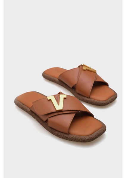 Kata Hakiki Deri Çapraz Bantlı V Tokalı Düz Topuklu Konfor Kadın Terlik modelleri