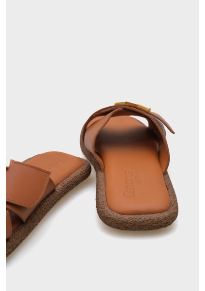 Kata Hakiki Deri Çapraz Bantlı V Tokalı Düz Topuklu Konfor Kadın Terlik