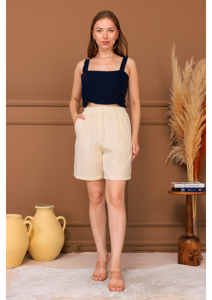 %100 Pamuk Müslin Cepli Şort