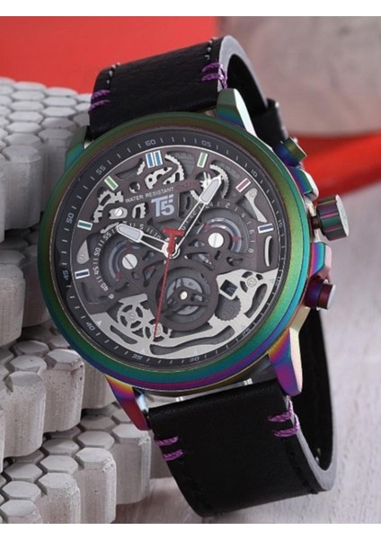 Erkek Kol Saati – Rainbow Kasa – Siyah Deri Kordon – Skeleton Şeffaf Kadran – Multifonksiyonel