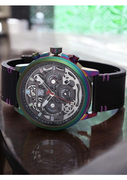 Erkek Kol Saati – Rainbow Kasa – Siyah Deri Kordon – Skeleton Şeffaf Kadran – Multifonksiyonel fiyatları