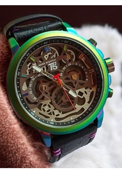 Erkek Kol Saati – Rainbow Kasa – Siyah Deri Kordon – Skeleton Şeffaf Kadran – Multifonksiyonel modelleri