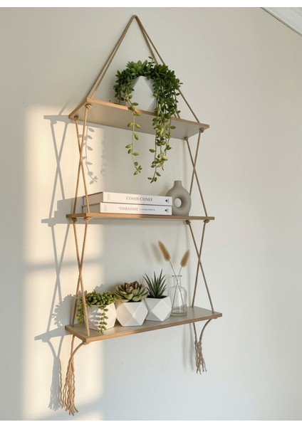 Aruat Ahşap Dekoratif Tasarım Özel Işlemi 3’lü Halatlı Raf Kitaplık