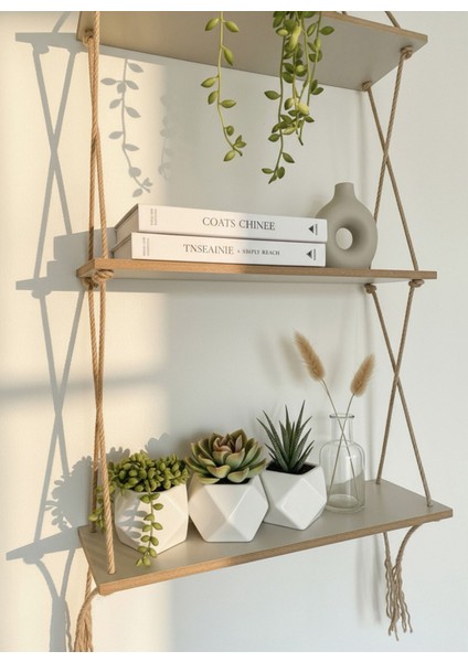 Aruat Ahşap Dekoratif Tasarım Özel Işlemi 3’lü Halatlı Raf Kitaplık modelleri