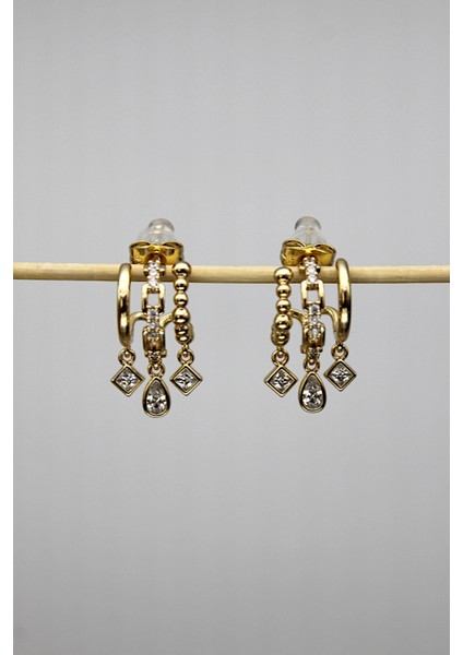 Vıp Çelik Üçlü Görünümlü Zirkon Taş Işlemeli Zincir Model Küpe