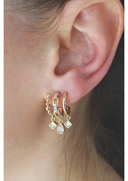 Vıp Çelik Üçlü Görünümlü Zirkon Taş Işlemeli Zincir Model Küpe modelleri