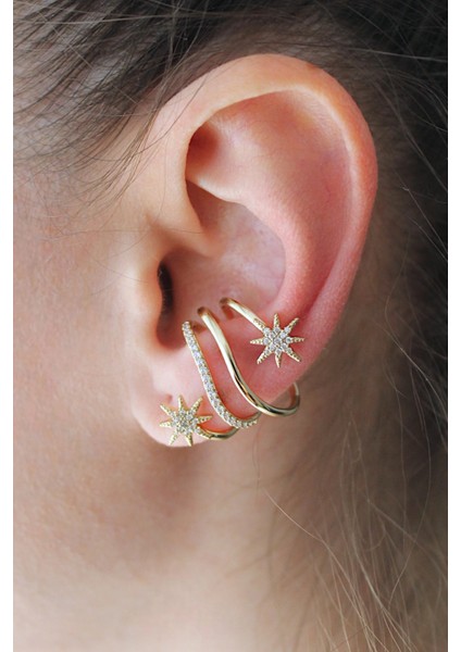 Vıp Çelik 14K Altın Kaplama Zirkon Taş Işlemeli Kuzey Yıldızı Kıkırdak Küpe