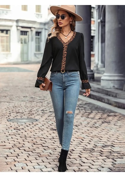 Kadın Uzun Kollu V Yakalı Leopar Detaylı Krep Bluz modelleri