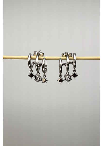 Vıp Çelik Üçlü Görünümlü Zirkon Taşlı Güneş Model Küpe