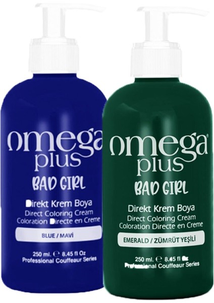 Omega Plus Bad Girl Zümrüt Yeşili ve Mavi 2li Saç Boyası Seti 2*250MLL