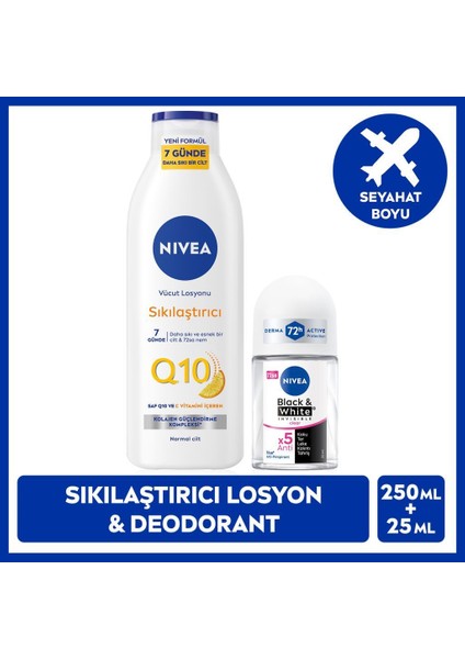 Nıvea Q10 Sıkılaştırıcı Vücut Losyonu 250ML ve Kadın Roll-On Deodorant Black&white Invisible Clear 25ML, 72 Saat Anti-Perspirant Ter Koruması, C Vitamini