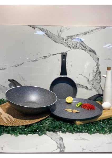 Granit Wok-Krep-Tava Set-Gri