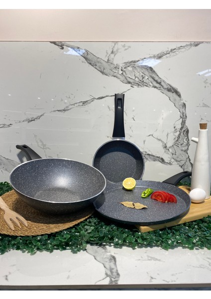 Granit Wok-Krep-Tava Set-Gri fiyatları