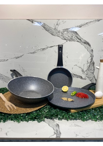 Granit Wok-Krep-Tava Set-Gri fırsatları