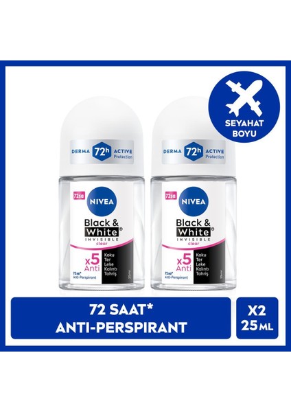 Nıvea Kadın Roll-On Deodorant Black&white Invisible Clear 25ML, 72 Saat Anti-Perspirant Ter Koruması, Seyahat Boyu, Leke Karşıtı, Alkolsüz, X2 Adet