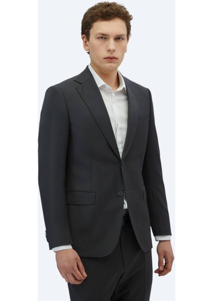 Antrasit Düz Modern Fit Yün Karışımlı Takım Elbise