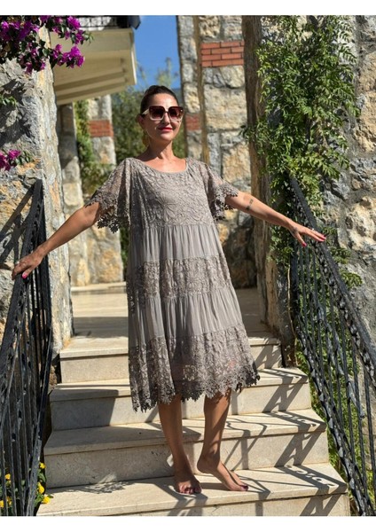 NCC10337 Italyan Ipek Elbise Vizon