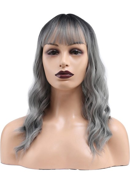 Dalgalı Kısa Perçemli Fiber Sentetik Peruk / Siyah / Gri Ombreli