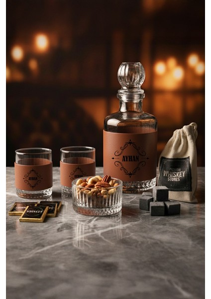 Kişiye Özel Viski Şişesi & Bardaklı Set – Kristal Çerezlik ve Çikolatalı – Madrid Viski Hediyesi
