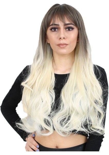 Kahküllü Uzun Dalgalı Fiber Sentetik Peruk / Küllü Açık Kahve / Platin Ombreli