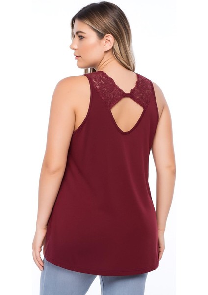 Kadın Büyük Beden Bordo, Ön Arka Dantel Detaylı Kolsuz Viskon Bluz 65N39138 modelleri