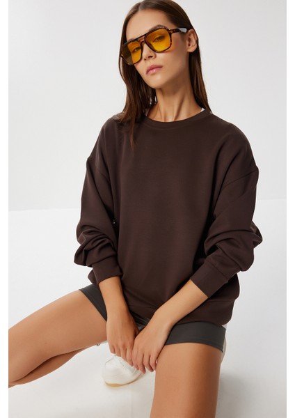 Basic Yumuşak Modal Sweatshirt LUB0245 Kahverengi