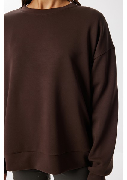 Basic Yumuşak Modal Sweatshirt LUB0245 Kahverengi fırsatları