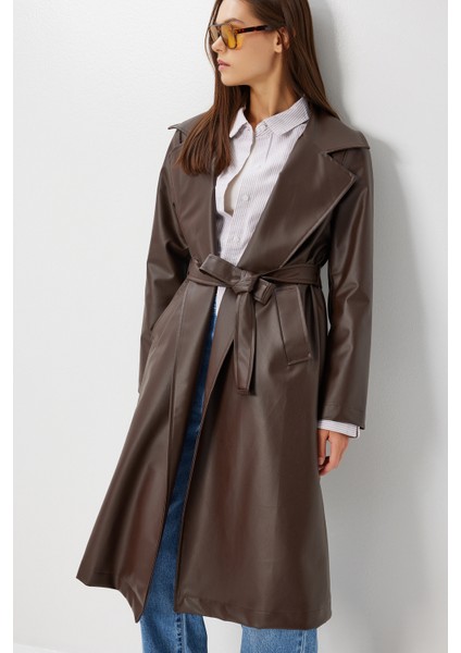 Kuşaklı Suni Deri Trençkot LGP0027 Kahverengi