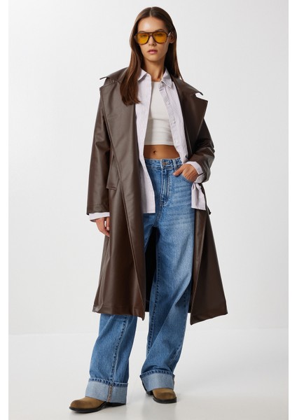 Kuşaklı Suni Deri Trençkot LGP0027 Kahverengi fiyatları