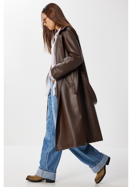 Kuşaklı Suni Deri Trençkot LGP0027 Kahverengi modelleri