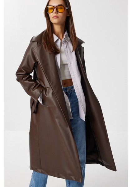 Kuşaklı Suni Deri Trençkot LGP0027 Kahverengi fırsatları