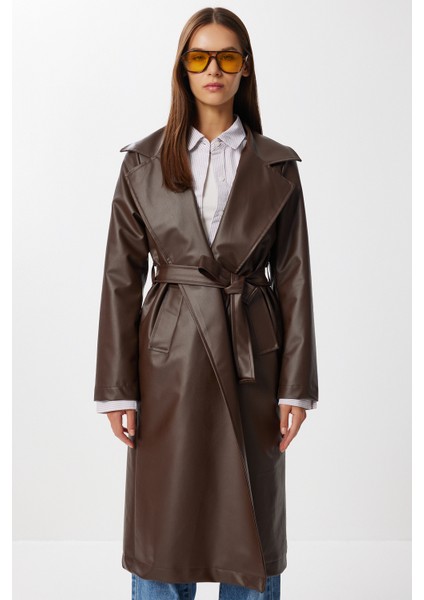 Kuşaklı Suni Deri Trençkot LGP0027 Kahverengi indirimleri