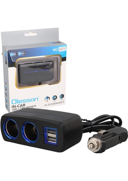 1638 12-24V Çift USB Girişli 120W 80 cm Kablolu 2'lı Araç Çakmak Çoklayıcı