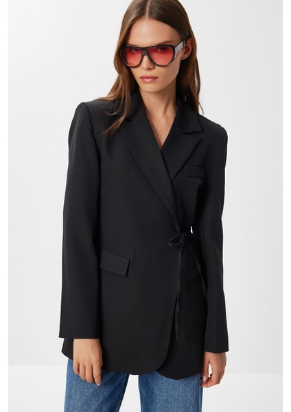 Vatkalı Bağlama Detaylı Dokuma Blazer Ceket LDW0005 Siyah
